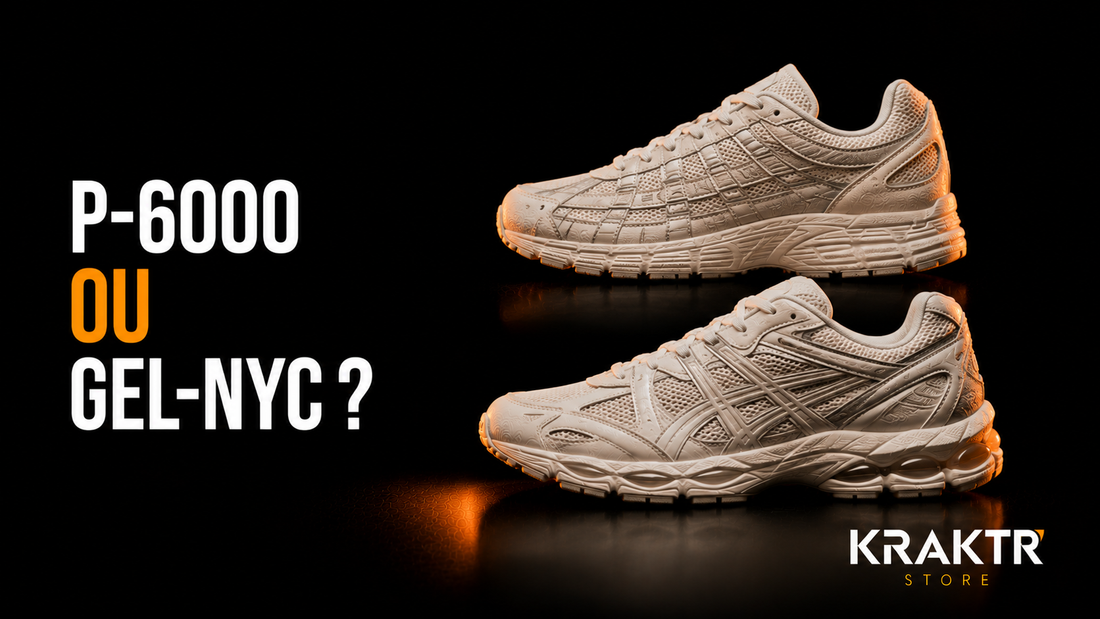 Comparatif Nike P-6000 et ASICS GEL-NYC - deux sneakers rétro running sur fond noir premium | KRAKTR STORE