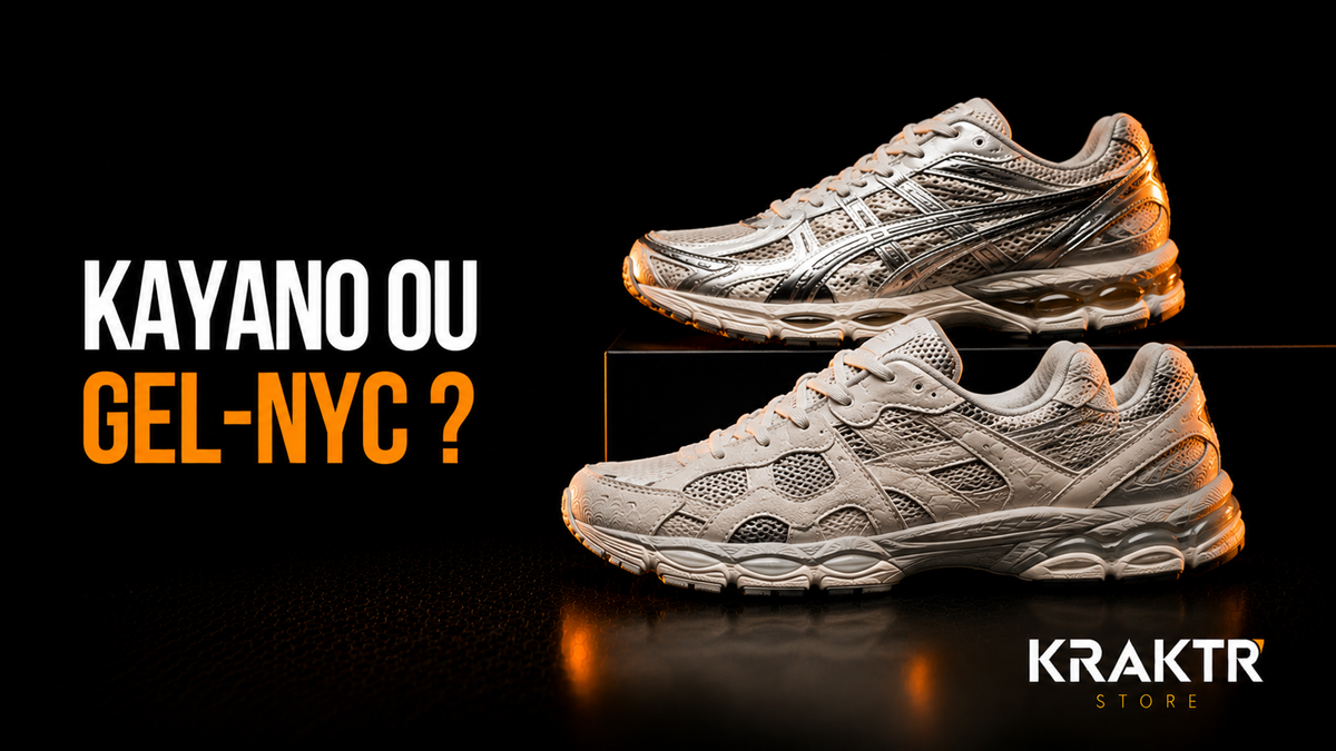 Comparatif ASICS GEL-KAYANO 14 et ASICS GEL-NYC - deux sneakers rétro running sur fond noir premium | KRAKTR STORE