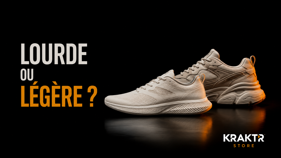 Comparaison entre sneaker légère et sneaker plus lourde sur fond noir premium KRAKTR STORE