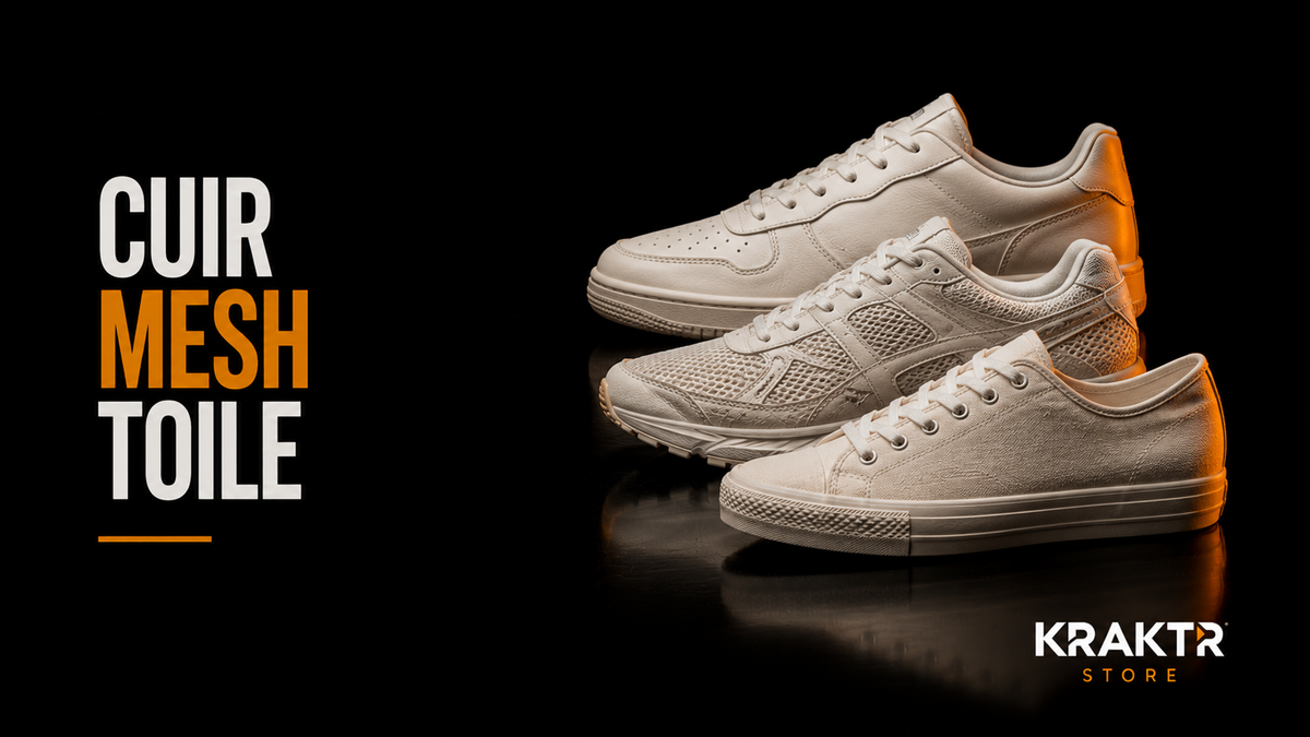 Comparaison entre sneakers en cuir, mesh et toile sur fond noir premium KRAKTR STORE.