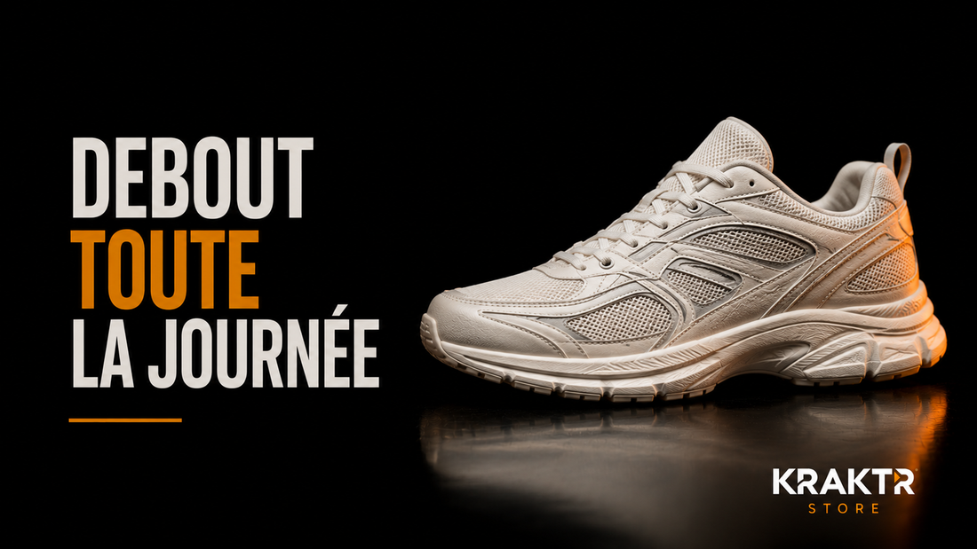 Sneaker confortable conçue pour les longues journées debout sur fond noir premium.