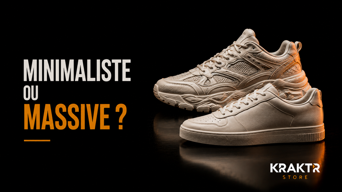 Comparaison entre sneaker minimaliste et sneaker massive sur fond noir premium.