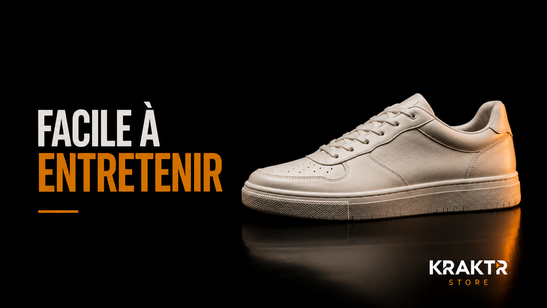 Sneaker facile à entretenir présentée sur fond noir premium KRAKTR STORE.