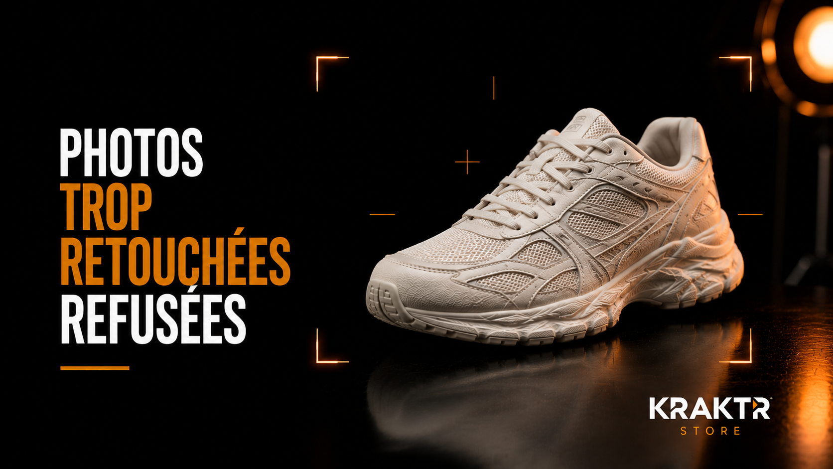 Sneaker photographiée dans un studio illustrant la politique de transparence visuelle KRAKTR STORE.