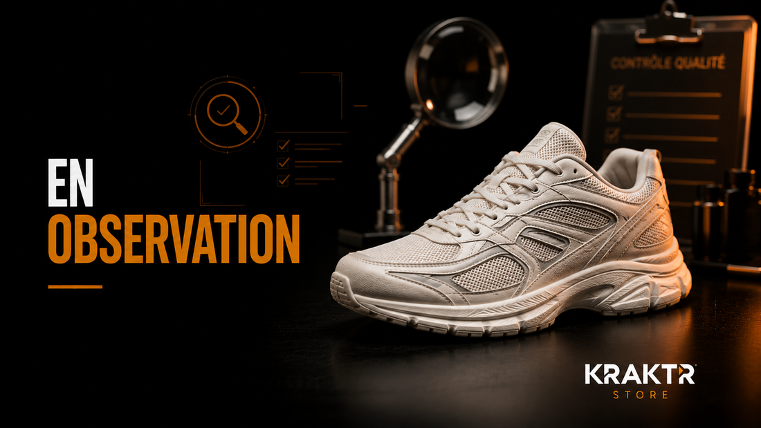Sneaker en cours d'inspection illustrant la phase d'observation avant validation chez KRAKTR STORE.