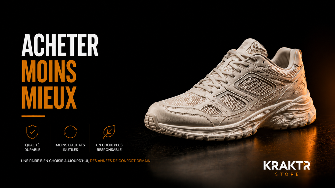 Sneaker premium illustrant une consommation plus durable sur fond noir KRAKTR STORE.