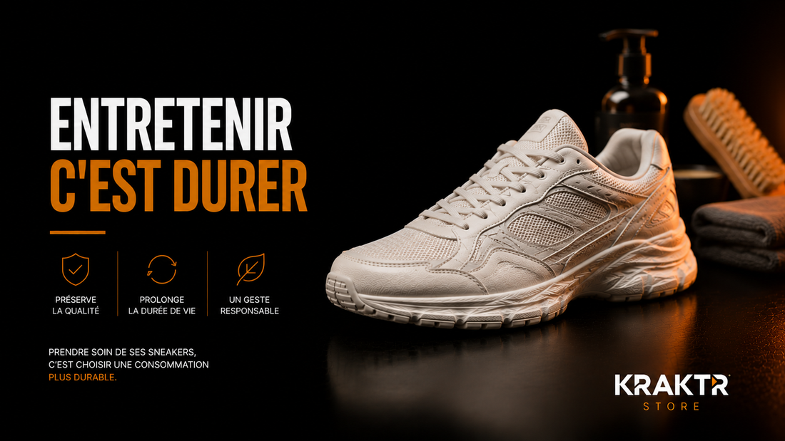 Sneaker parfaitement entretenue illustrant la durabilité et l'entretien responsable chez KRAKTR STORE.