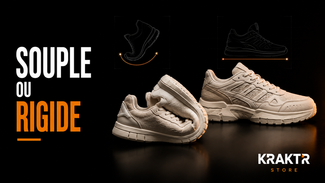 Comparaison entre sneaker souple et sneaker rigide sur fond noir premium KRAKTR STORE