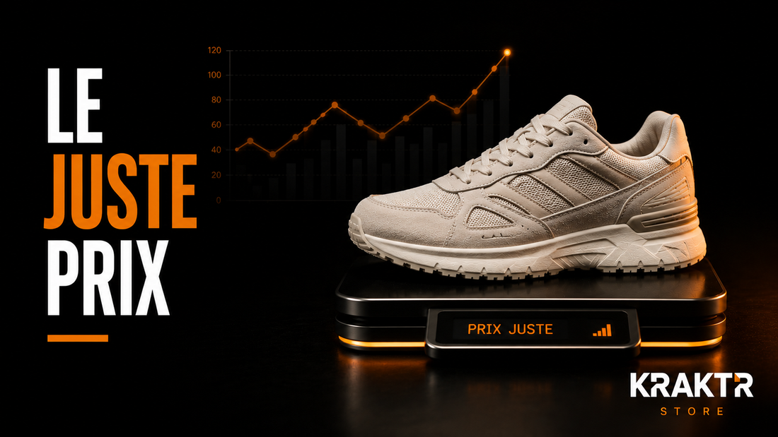 Sneaker premium sur balance symbolisant l'estimation et le juste prix chez KRAKTR STORE