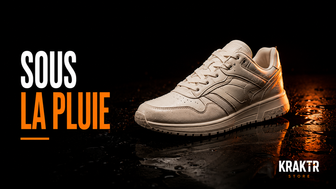 Sneaker premium adaptée aux journées pluvieuses sur fond noir KRAKTR STORE