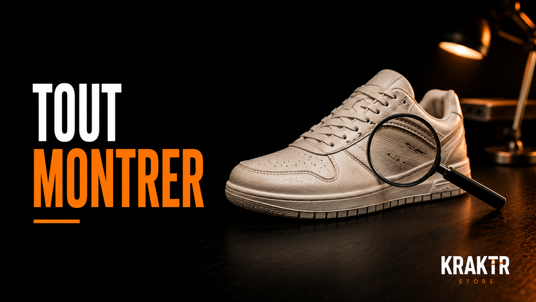 Contrôle détaillé des défauts visibles d'une sneaker chez KRAKTR STORE