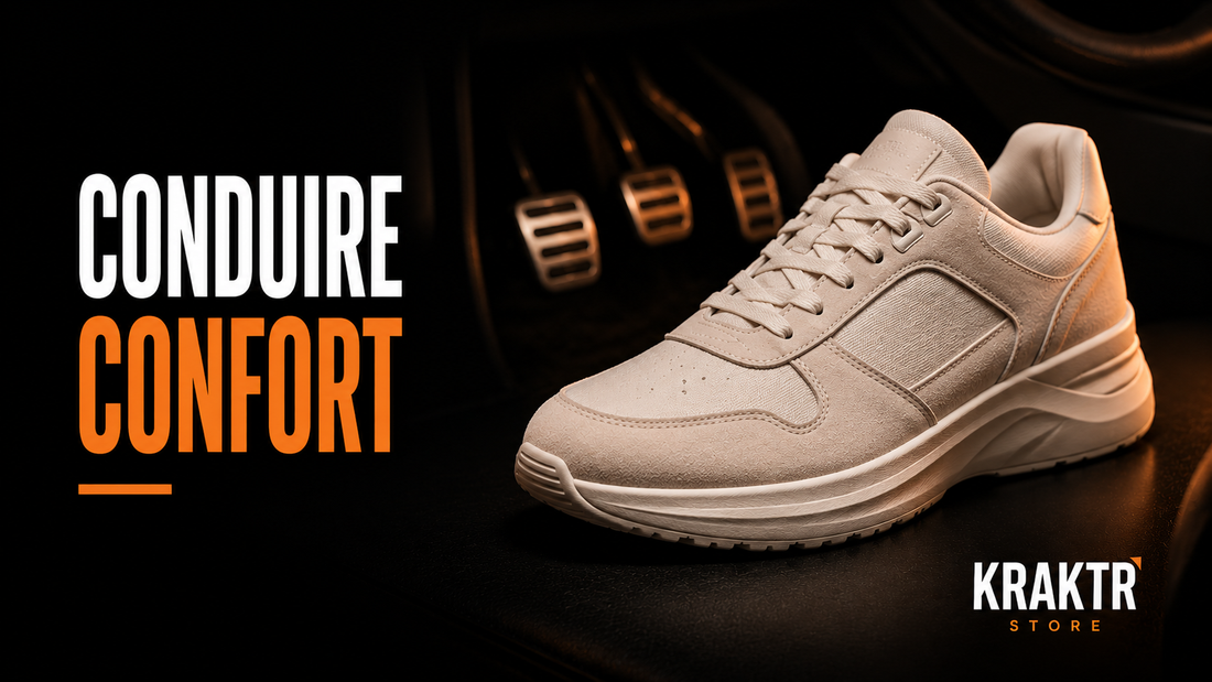 Sneaker premium présentée comme idéale pour conduire tous les jours sur fond noir avec lumière cuivre KRAKTR STORE.
