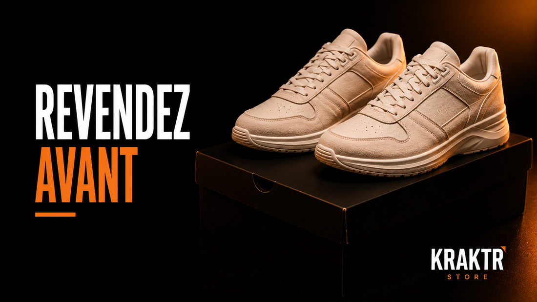 Deux sneakers premium illustrant la revente responsable de chaussures de seconde main sur fond noir avec lumière cuivre KRAKTR STORE.
