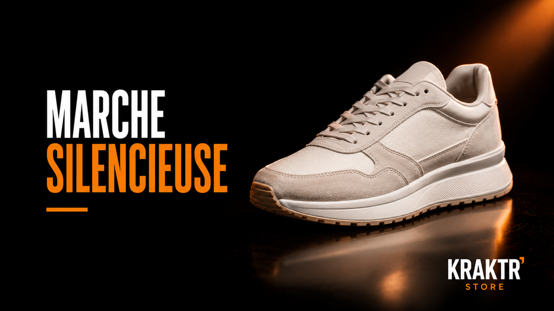 Sneaker premium silencieuse sur fond noir avec éclairage cuivre illustrant le guide KRAKTR STORE pour choisir une chaussure discrète au quotidien.