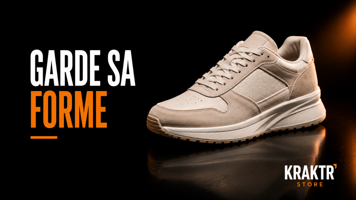 Sneaker premium claire sur fond noir avec lumière cuivre illustrant un guide KRAKTR STORE consacré aux chaussures qui conservent leur forme dans le temps.
