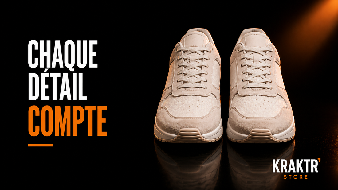 Deux sneakers premium parfaitement alignées sur fond noir avec lumière cuivre illustrant le contrôle de symétrie réalisé par KRAKTR STORE avant chaque mise en vente.