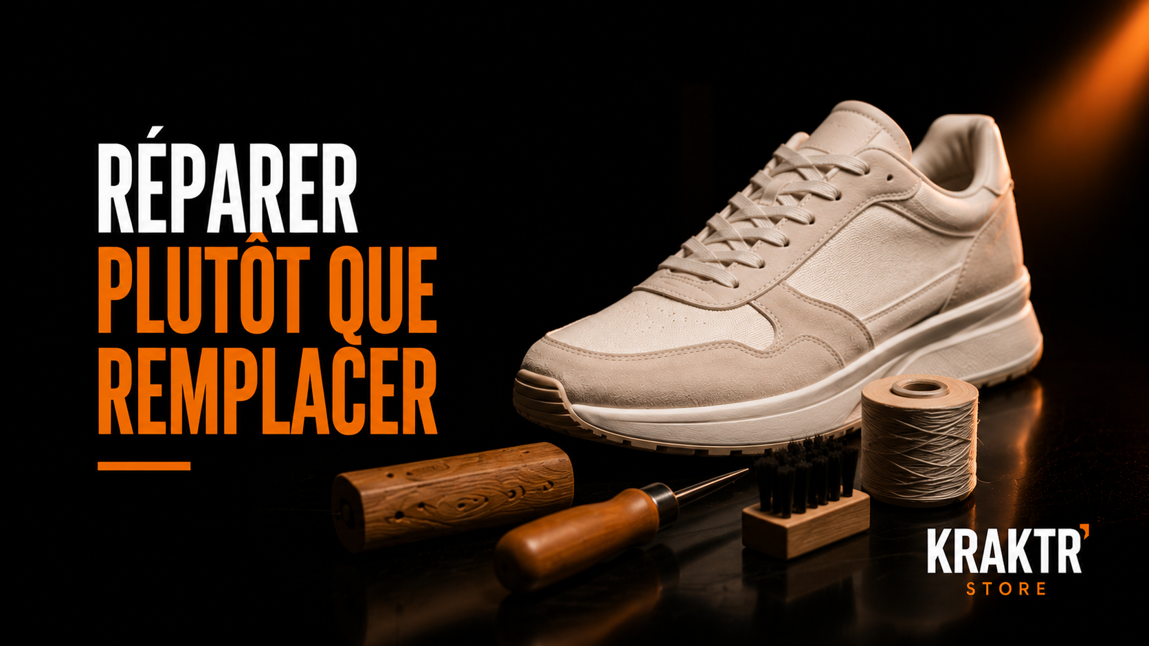 Sneaker premium accompagnée d'outils de réparation sur fond noir avec lumière cuivre illustrant un article KRAKTR STORE consacré à la réparation écologique des chaussures.
