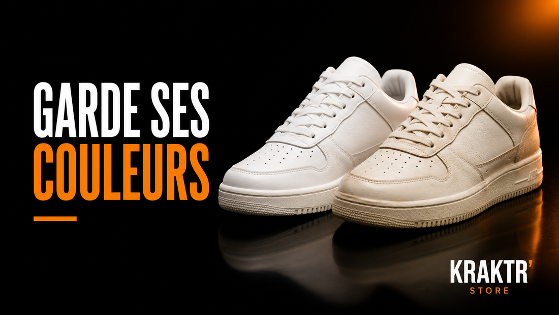 Sneakers premium illustrant la conservation des couleurs dans le temps sur fond noir premium KRAKTR STORE.