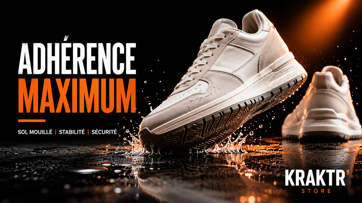 Sneakers premium illustrant la conservation des couleurs dans le temps sur fond noir premium KRAKTR STORE.