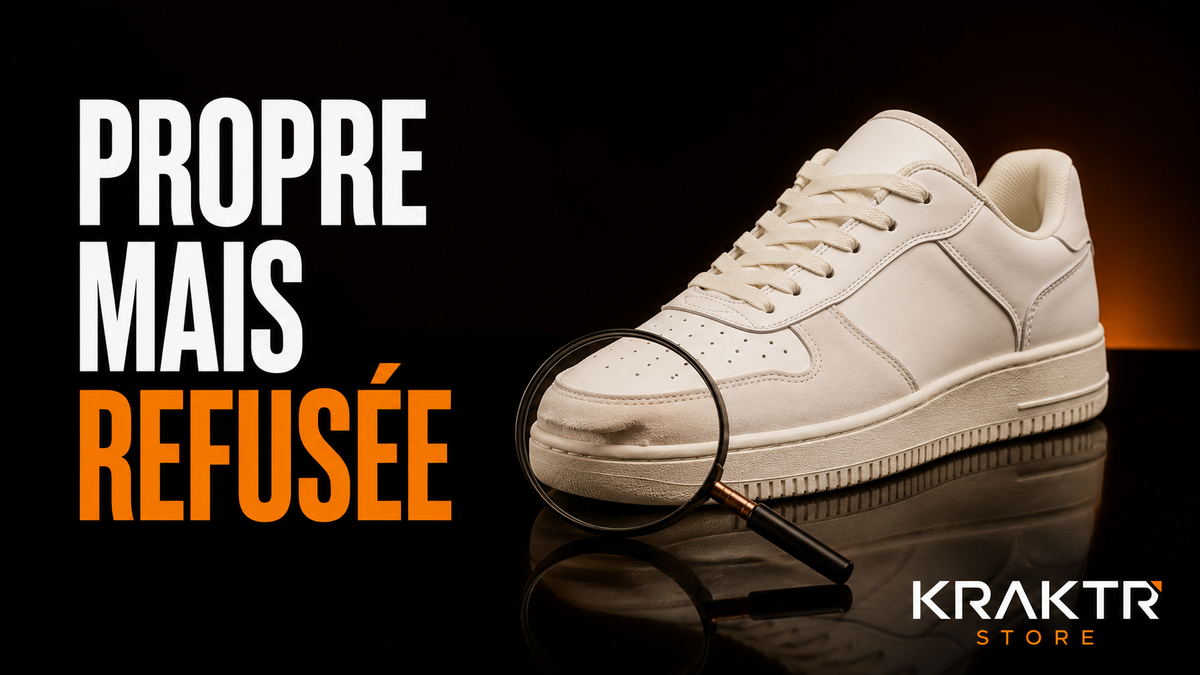 Sneaker premium propre mais refusée après contrôle qualité KRAKTR STORE sur fond noir avec lumière cuivre.