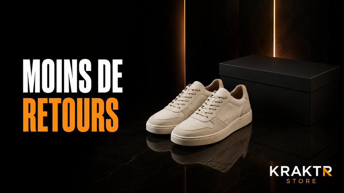 Sneakers premium près d’un carton de livraison discret illustrant la réduction des retours et l’achat responsable sur KRAKTR STORE.