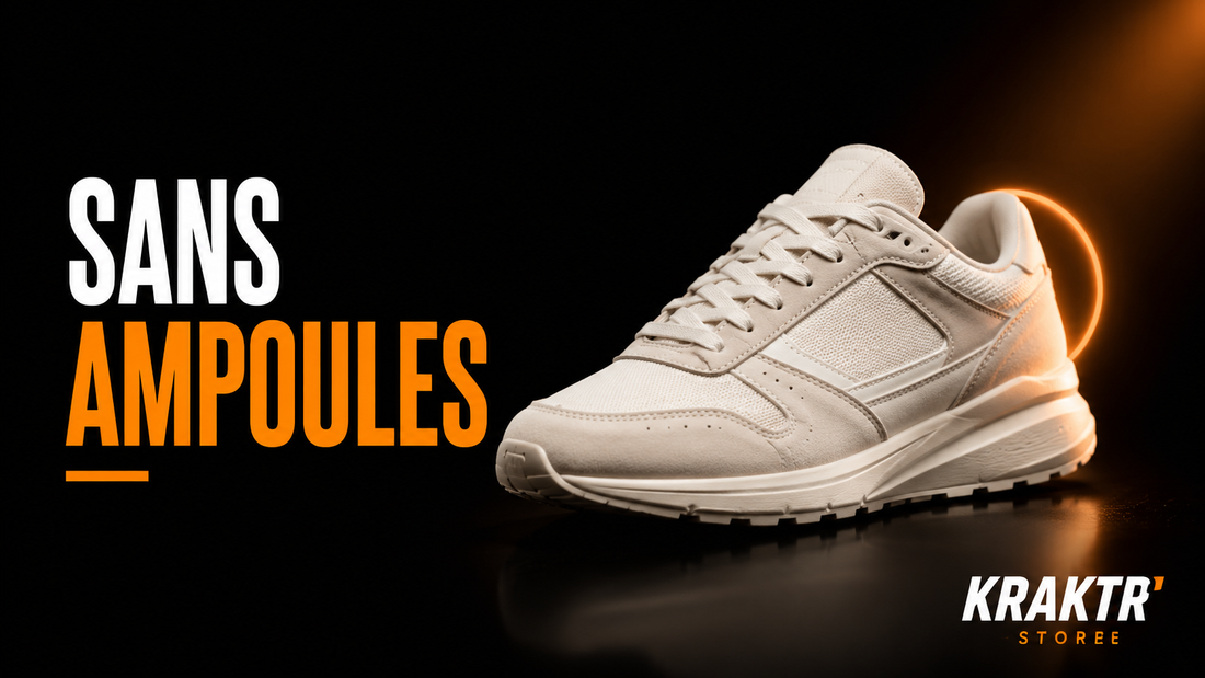Sneaker premium claire sur fond noir et lumière cuivre avec texte Sans ampoules, visuel éditorial KRAKTR STORE sur le choix de sneakers confortables.