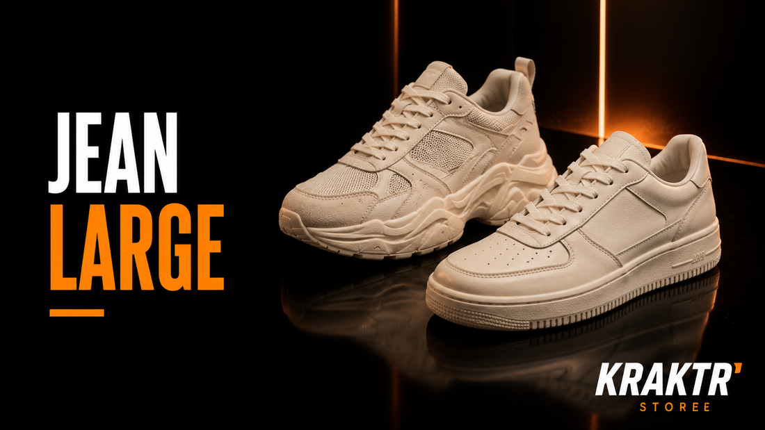 Deux sneakers premium claires sur fond noir et lumière cuivre avec texte Jean large, visuel éditorial KRAKTR STORE sur le choix de sneakers adaptées aux jeans larges.