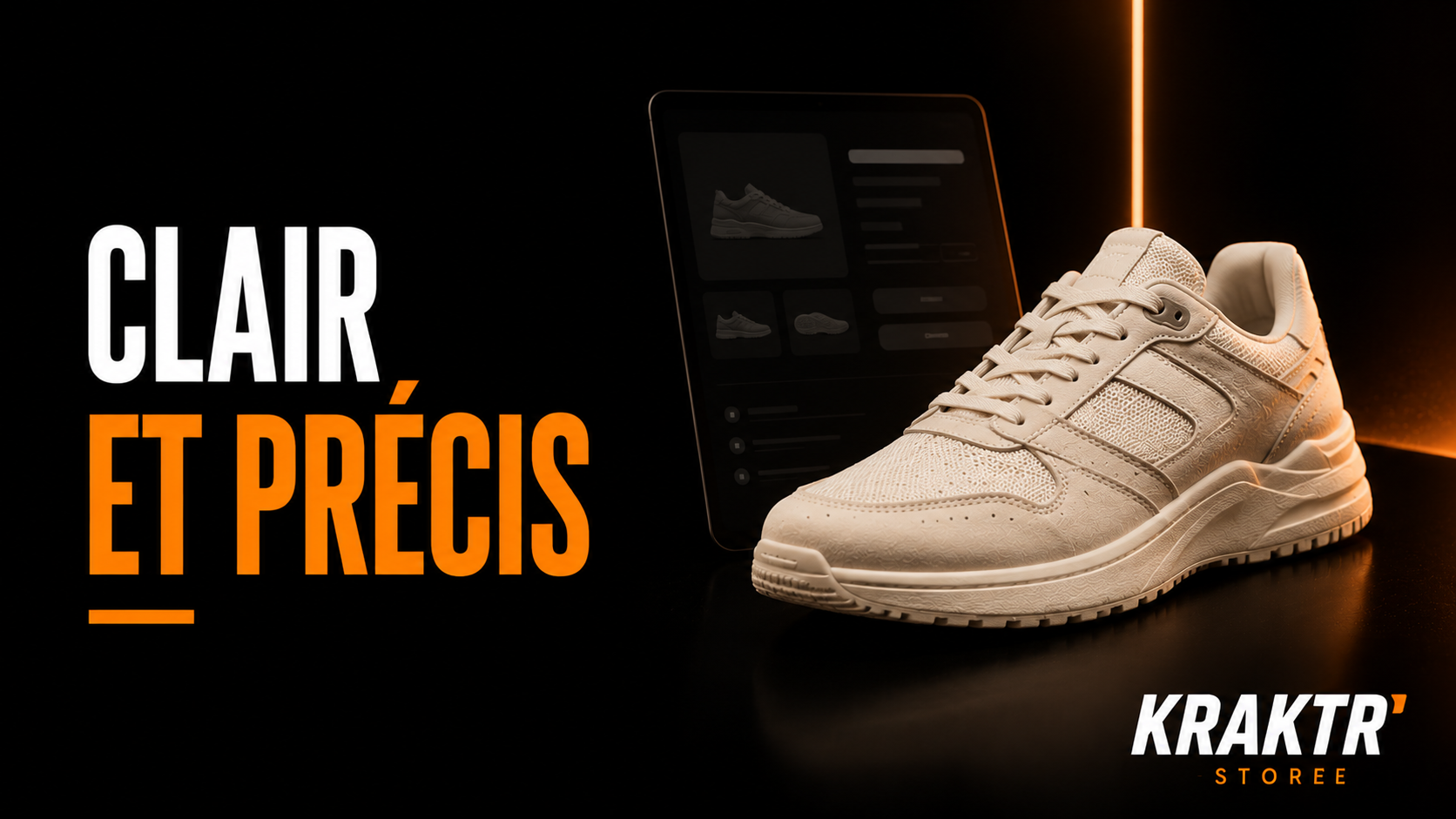 Sneaker premium claire sur fond noir et lumière cuivre avec texte Clair et précis, visuel éditorial KRAKTR STORE sur la sobriété des fiches produit sneakers.