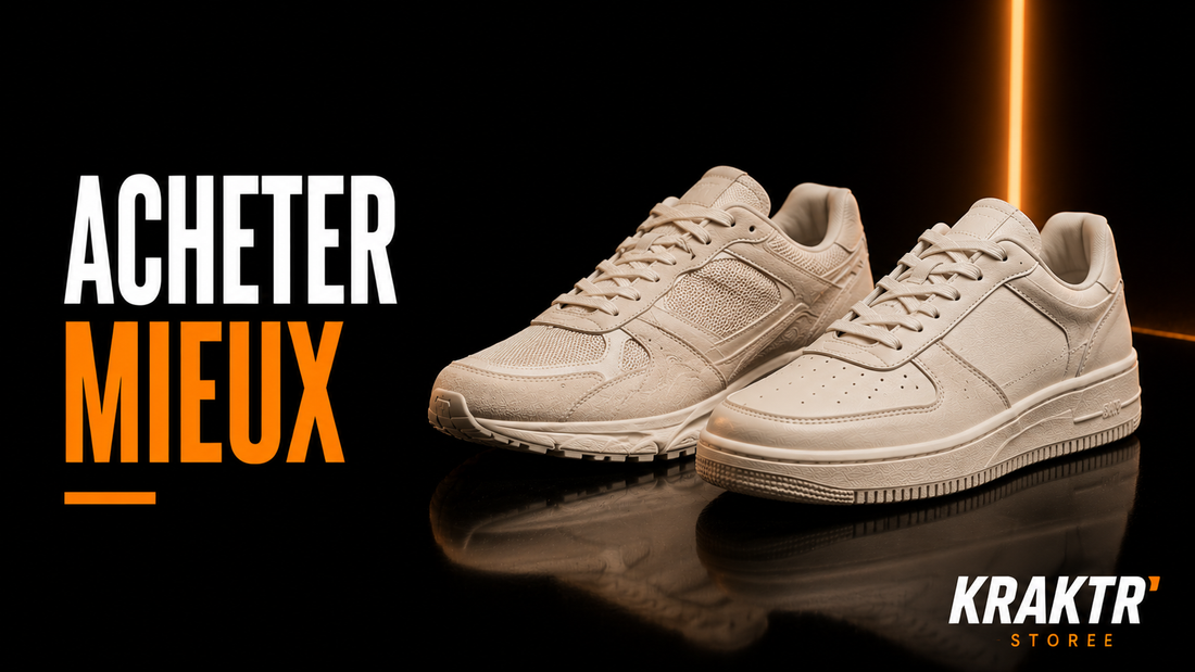 Deux sneakers premium claires sur fond noir et lumière cuivre avec texte Acheter mieux, visuel éditorial KRAKTR STORE sur les sneakers intemporelles et les achats responsables.