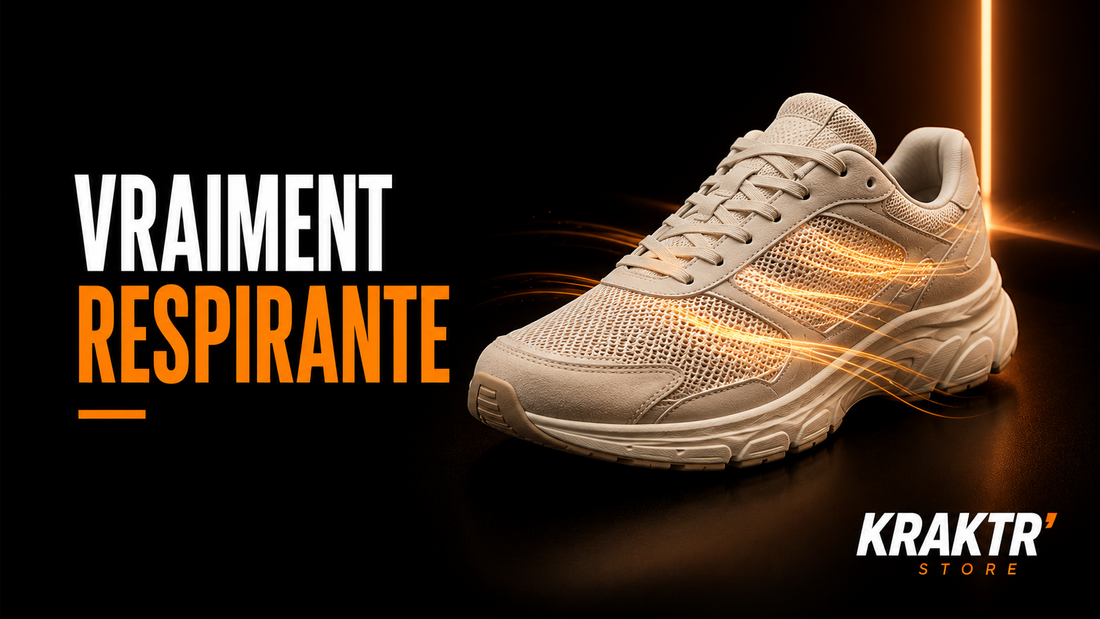Sneaker premium respirante avec effet de circulation d'air sur fond noir premium KRAKTR STORE.
