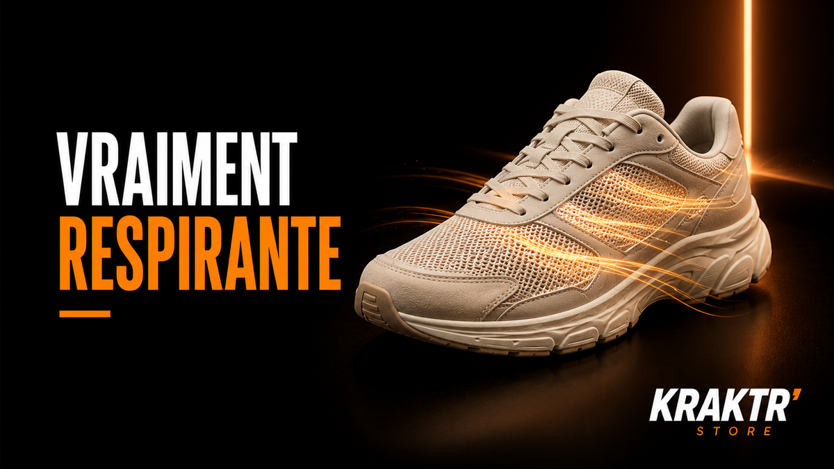 Sneaker premium respirante avec effet de circulation d'air sur fond noir premium KRAKTR STORE.