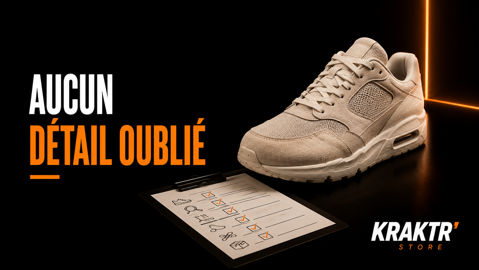 Sneaker premium inspectée avec fiche de contrôle qualité illustrant la transparence de KRAKTR STORE sur fond noir premium.