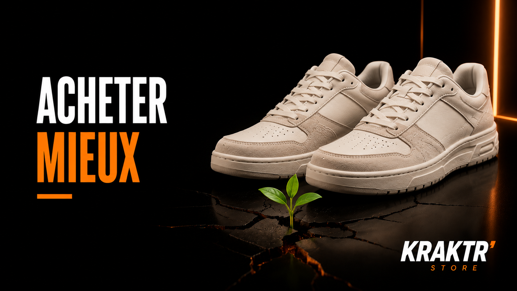 Deux sneakers premium illustrant une consommation plus responsable et durable sur fond noir premium KRAKTR STORE.