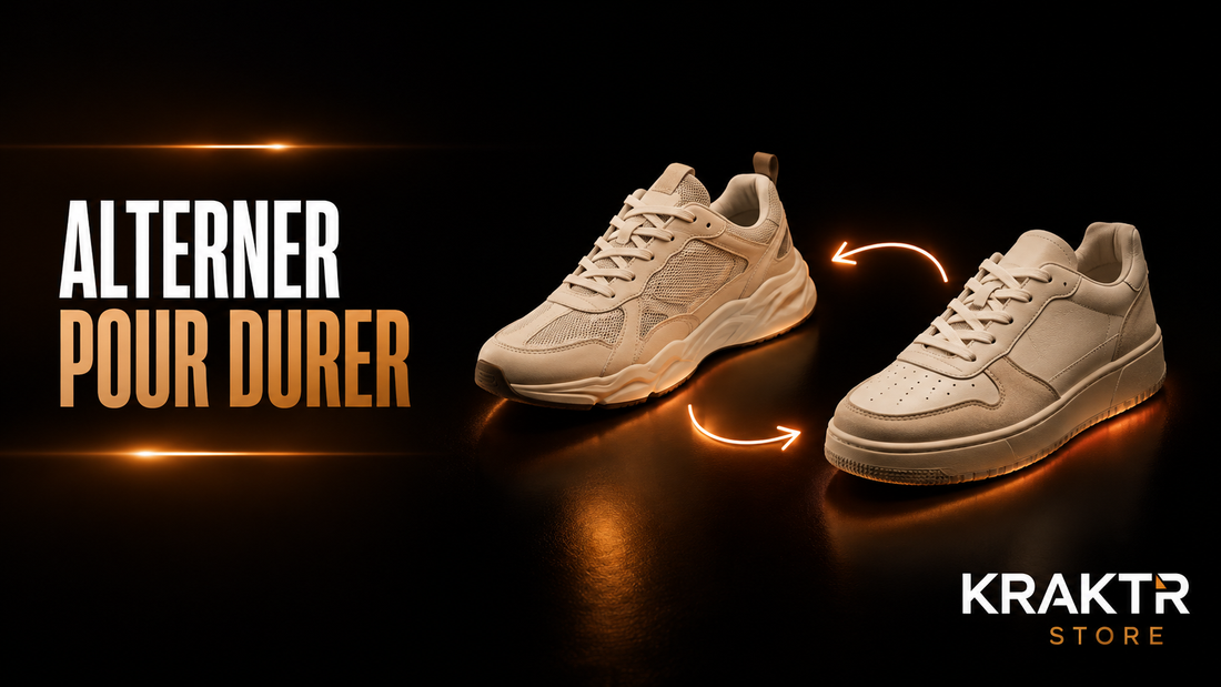 Deux sneakers premium alternées pour prolonger leur durée de vie grâce à une rotation régulière et préserver durablement leurs matériaux.