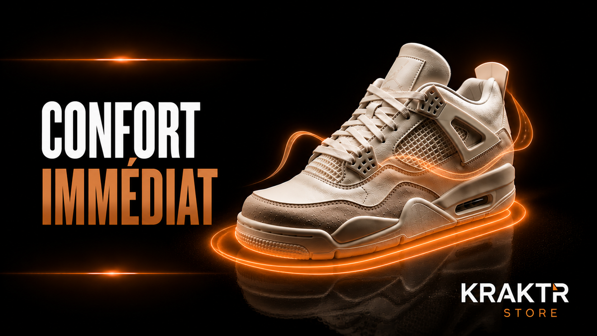 Sneaker premium illustrant le confort immédiat procuré par un chaussant équilibré, un bon maintien et des matériaux de qualité.