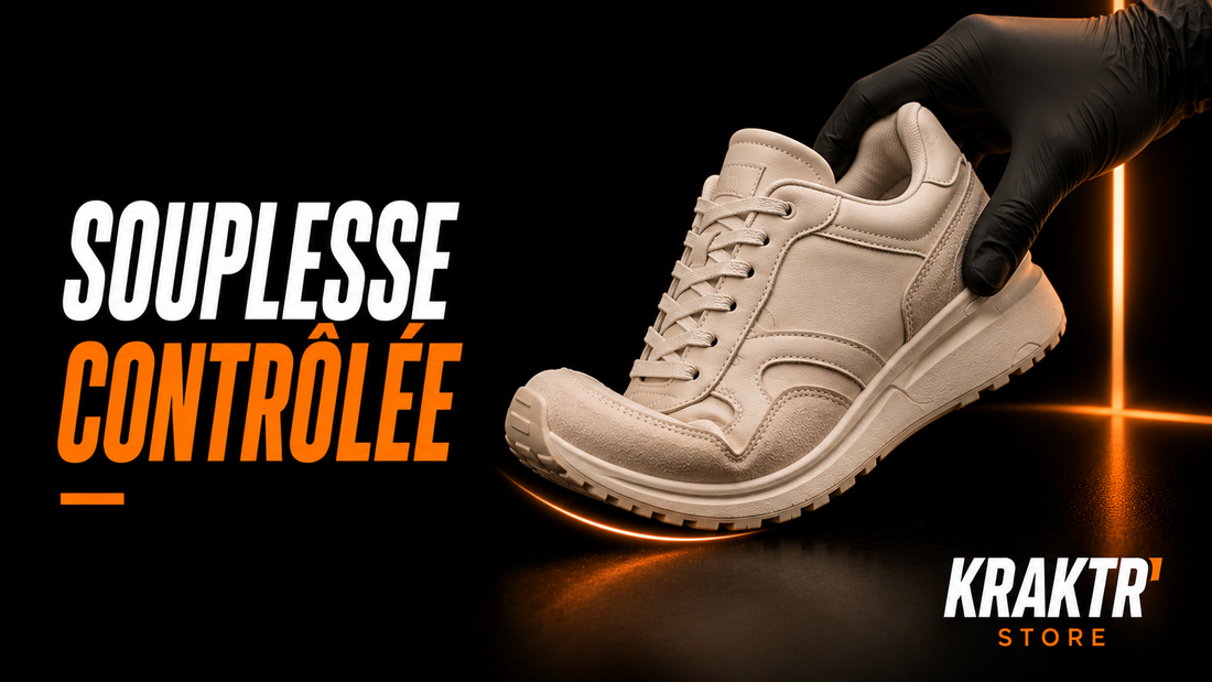 Sneaker premium contrôlée pour vérifier sa souplesse avant mise en vente – KRAKTR STORE