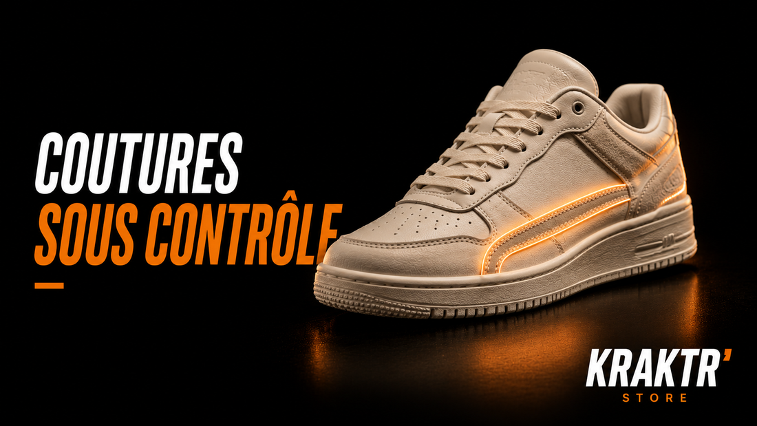 Sneaker premium illustrant le contrôle de la tension des coutures avant mise en vente – KRAKTR STORE