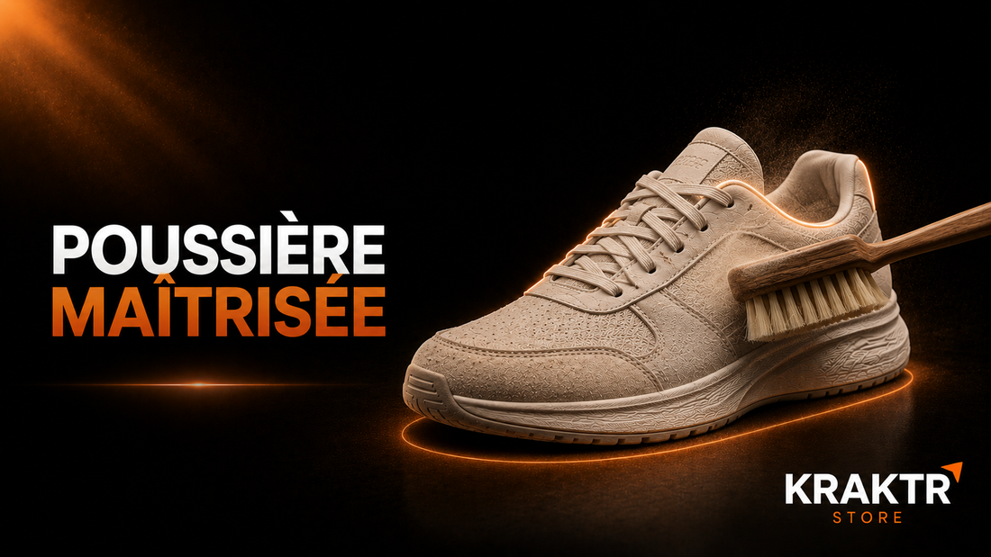 Sneaker premium dépoussiérée avec une brosse douce pour préserver durablement ses matériaux – KRAKTR STORE