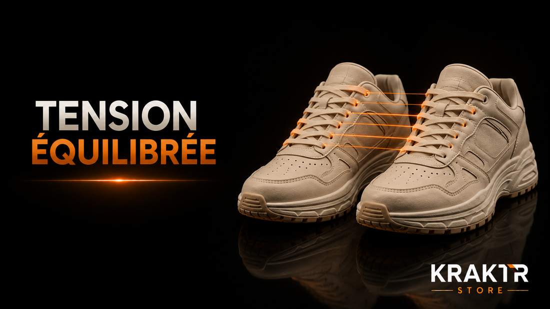 Une sneaker premium claire illustrant le contrôle de la tension des lacets réalisé par KRAKTR STORE avant chaque mise en vente.