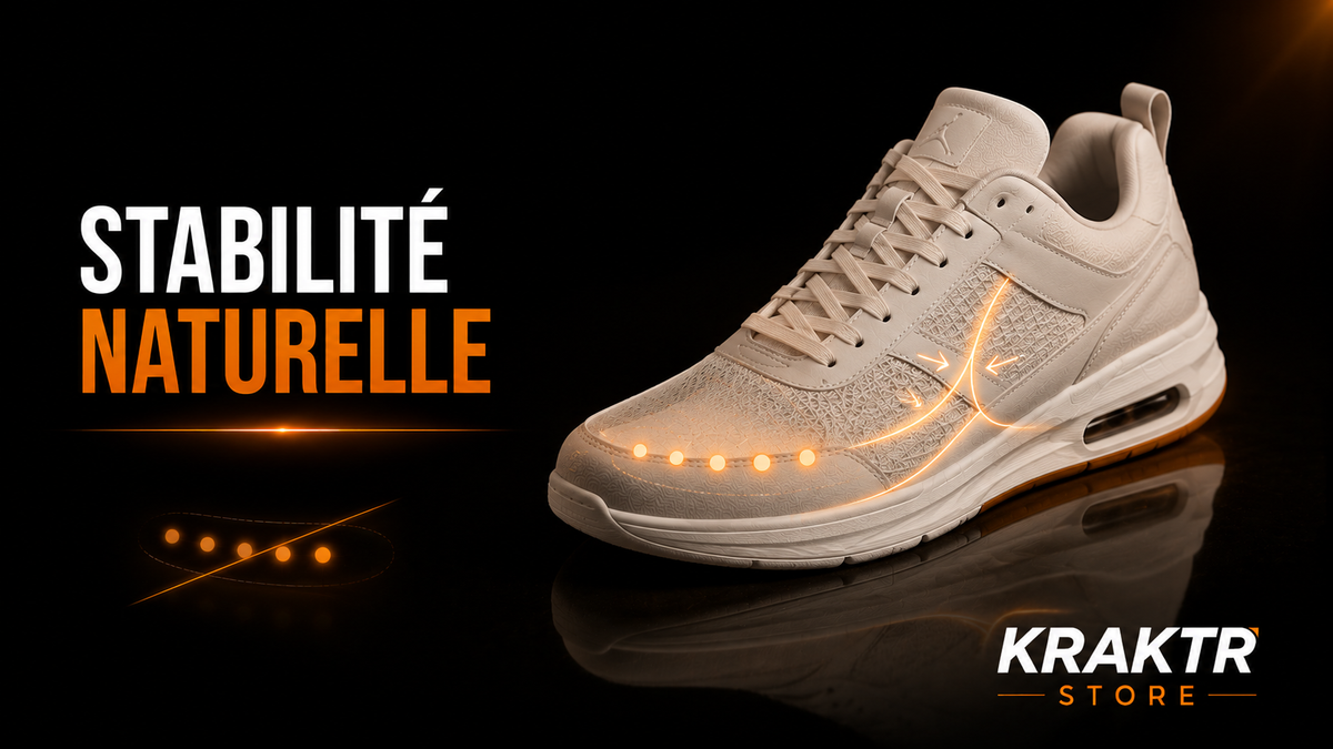 Sneaker premium illustrant la stabilité du pied et le maintien naturel de l’avant-pied sans contraction des orteils - KRAKTR STORE