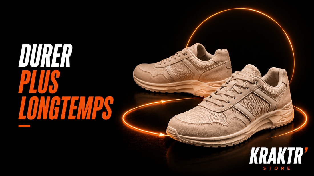 Deux sneakers premium illustrant la prolongation de leur durée de vie pour réduire leur impact environnemental – KRAKTR STORE