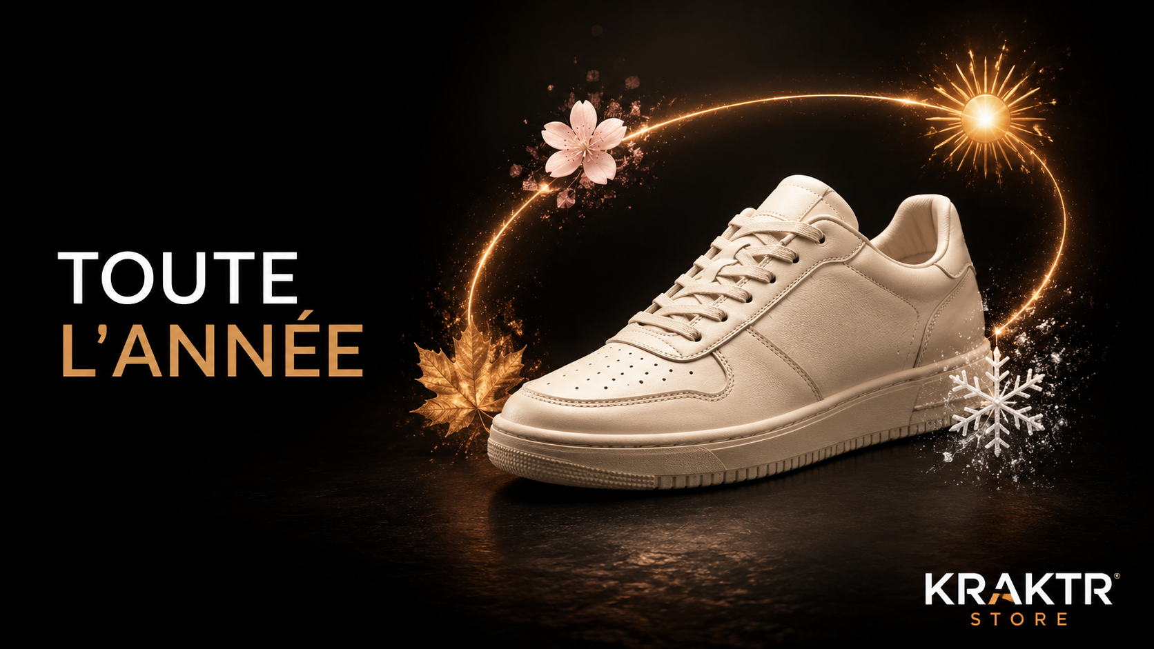 Sneaker premium en cuir pouvant être portée toute l'année sur fond noir premium KRAKTR STORE.