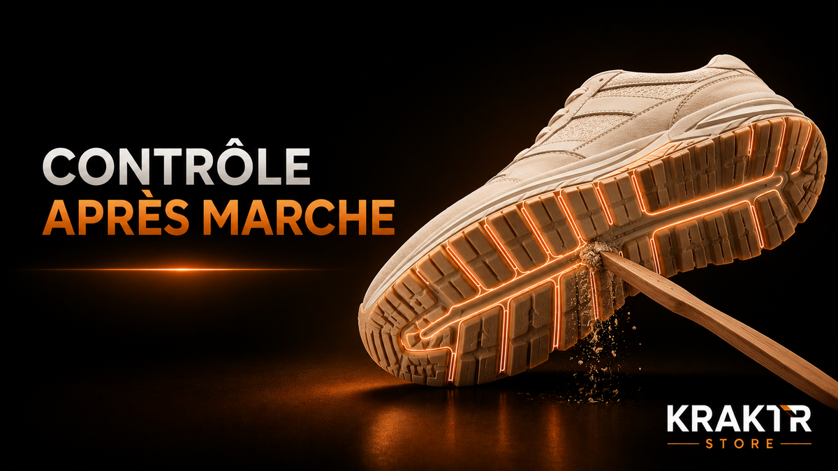 Une sneaker premium claire dont la semelle est inspectée après une marche sur des graviers afin de retirer les gravillons et préserver son adhérence.