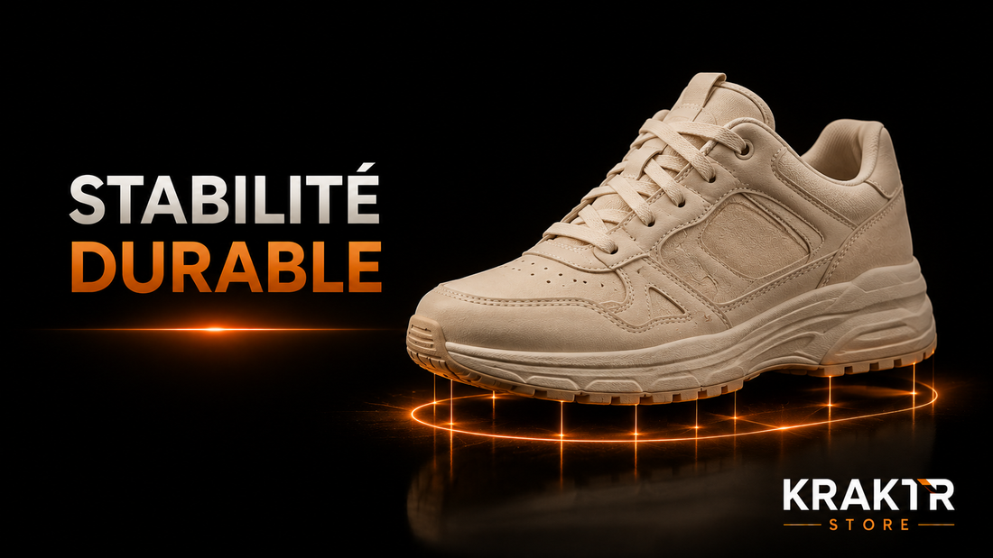 Une sneaker premium claire illustrant le confort, la stabilité et le maintien nécessaires pour rester debout plusieurs heures.