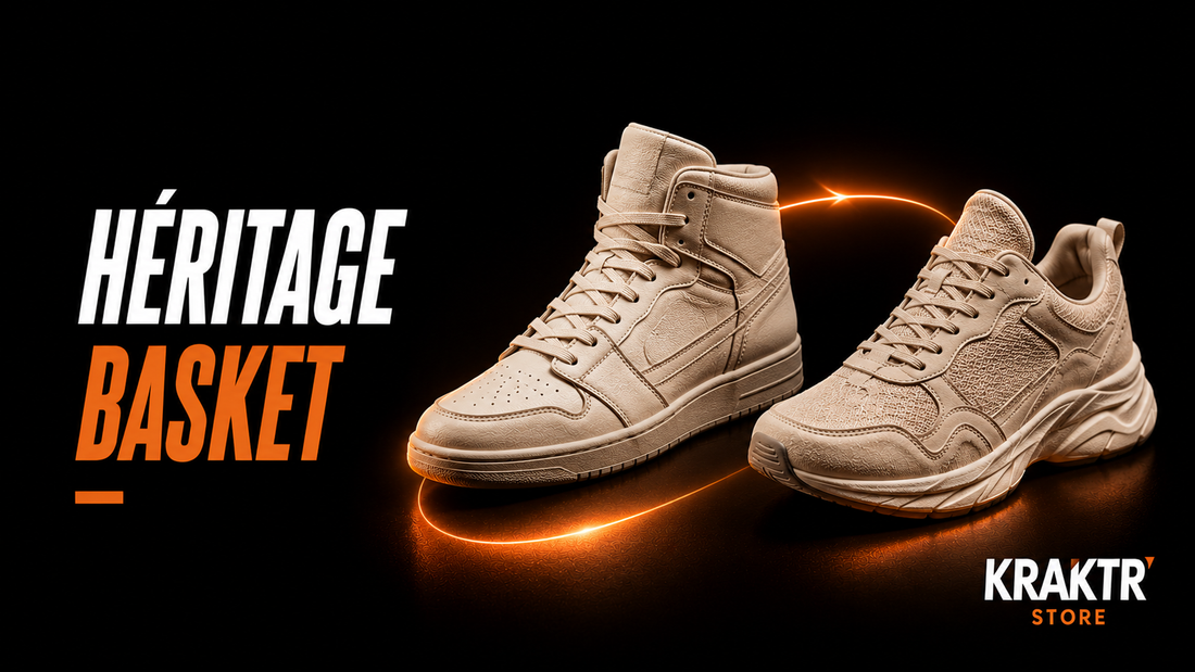 Deux sneakers premium illustrant l'héritage des modèles de basketball des années 1980 dans la mode urbaine – KRAKTR STORE