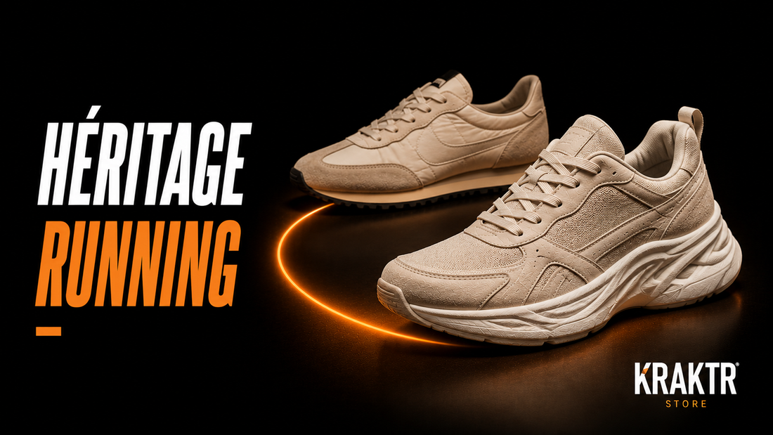 Deux sneakers premium illustrant l'héritage des innovations du running dans les chaussures modernes – KRAKTR STORE
