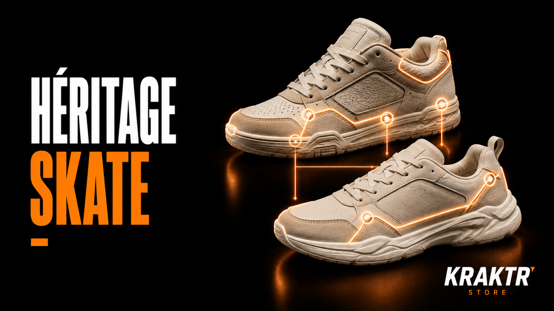Deux sneakers premium illustrant l'héritage des innovations du skateboard sur les chaussures modernes – KRAKTR STORE
