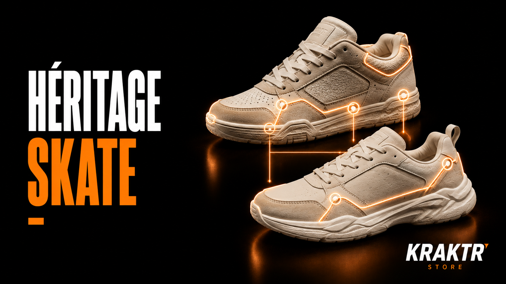 Deux sneakers premium illustrant l'héritage des innovations du skateboard sur les chaussures modernes – KRAKTR STORE