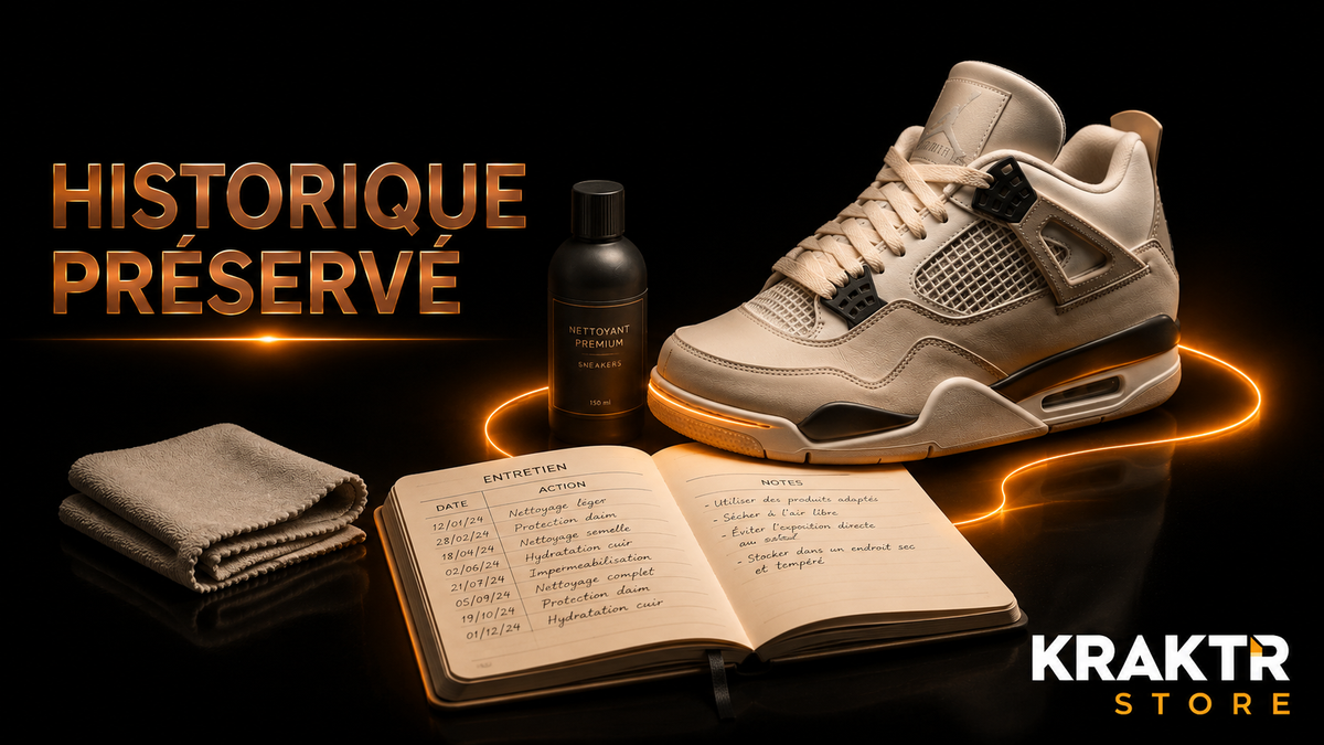 Sneaker premium accompagnée d'un historique d'entretien illustrant sa conservation au fil du temps | KRAKTR STORE