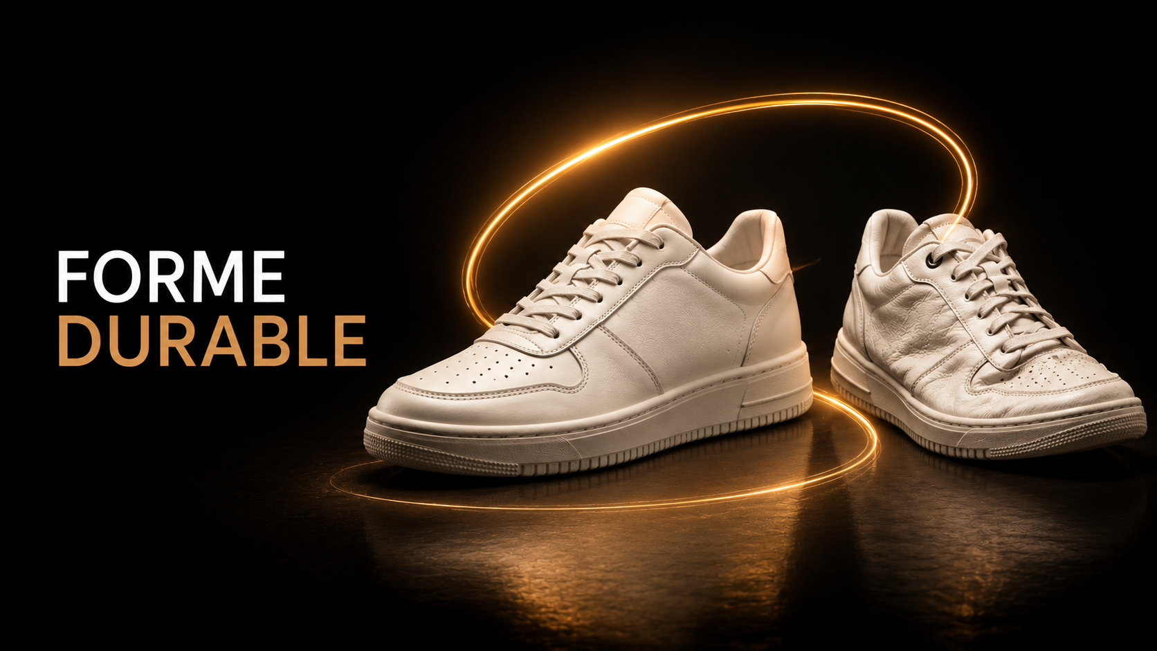 Deux sneakers premium illustrant la conservation de la forme et la résistance aux déformations sur fond noir KRAKTR STORE.